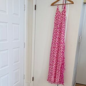 Ralph Lauren Black Label Silk Print Pink Halter Maxi Dress, 1990’s, size 10